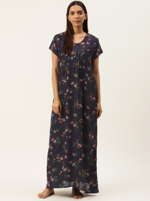 

Sweet Dreams Navy Blue & Pink Floral Printed Maxi Nightdress