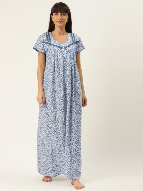 

Sweet Dreams Women White & Blue Pure Cotton Ethnic Printed Nightdress