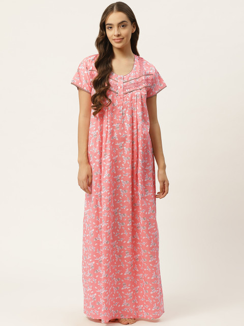 

Sweet Dreams Peach-Coloured & White Pure Cotton Floral Print Maxi Nightdress