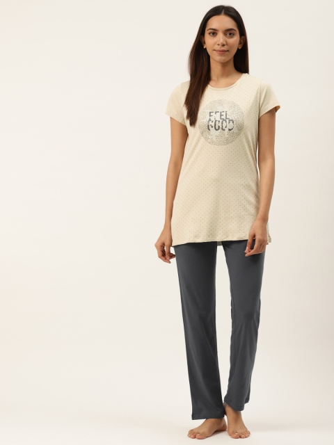 

Sweet Dreams Women Beige & Charcoal Grey Pure Cotton Printed Nightsuit