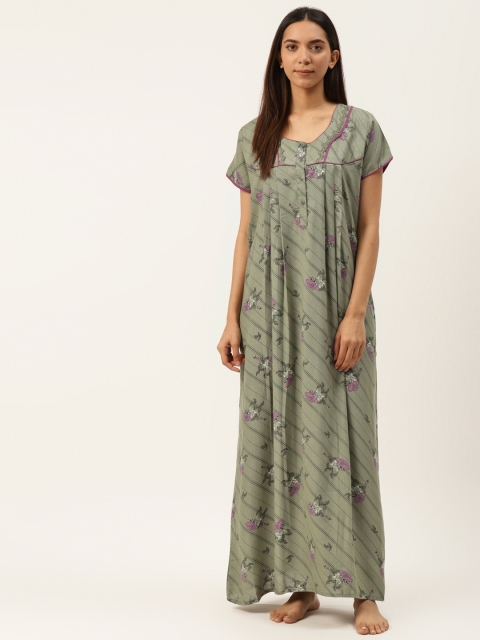 

Sweet Dreams Green & Black Floral Printed Maxi Nightdress