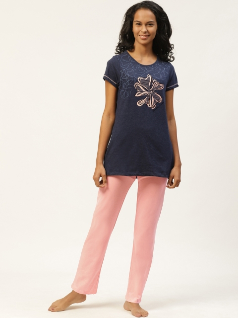 

Sweet Dreams Women Navy Blue & Pink Printed Nightsuit