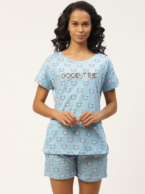 

Sweet Dreams Women Blue & White Pure Cotton Printed Nightsuit
