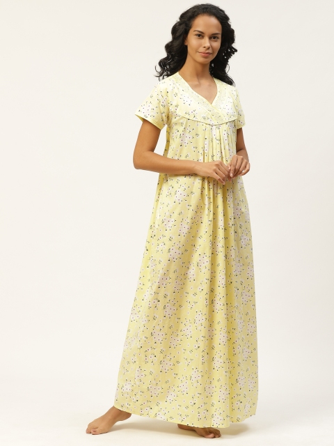 

Sweet Dreams Yellow & White Pure Cotton Floral Printed Maxi Nightdress