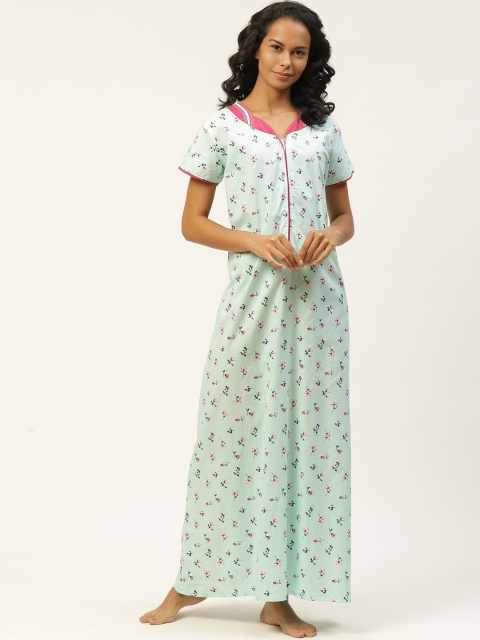 

Sweet Dreams Sea Green & Pink Pure Cotton Floral Printed Maxi Nightdress