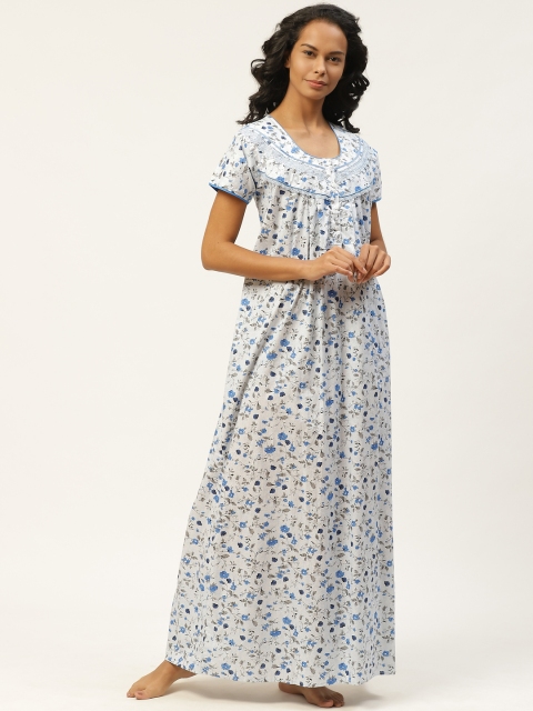 

Sweet Dreams Women White & Blue Floral Printed Cotton Nightdress