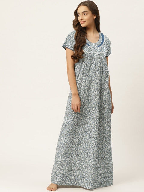 

Sweet Dreams Women White & Blue Floral Printed Cotton Nightdress