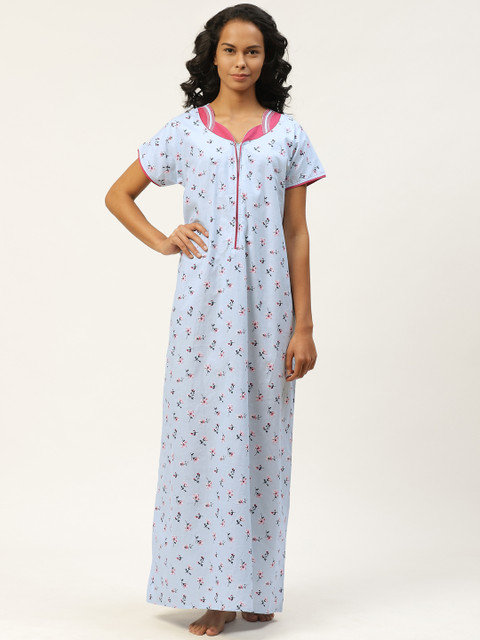 

Sweet Dreams Pure Cotton Blue & Pink Floral Printed Nightdress