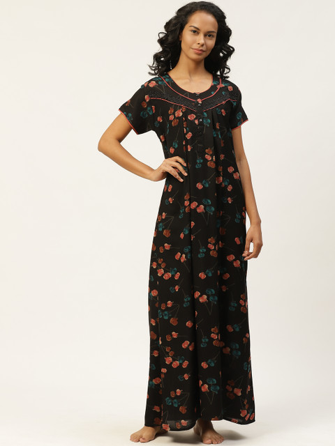 

Sweet Dreams Black & Pink Floral Printed Nightdress