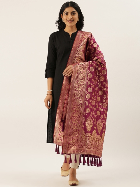 

VASTRANAND Burgundy & Golden Woven Design Dupatta