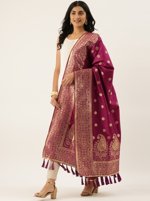 

VASTRANAND Burgundy & Golden Woven Design Dupatta