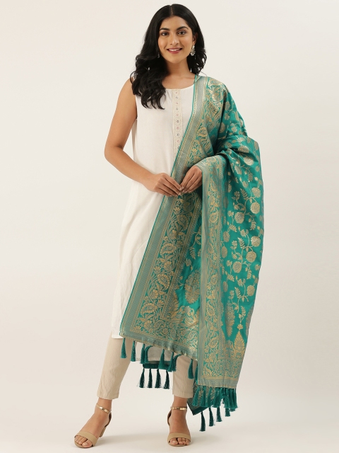 

VASTRANAND Teal Green & Golden Woven Design Dupatta