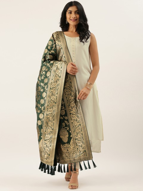 

VASTRANAND Green & Golden Woven Design Dupatta
