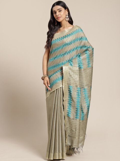 

swatika Taupe & Sea Green Geometric Zari Woven Design Handloom Bhagalpuri Saree