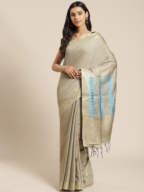 

swatika Taupe & Blue Geometric Zari Woven Design Handloom Bhagalpuri Saree