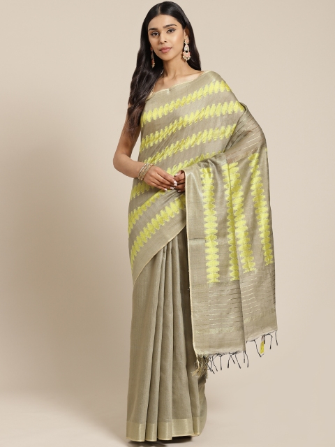 

swatika Taupe & Yellow Geometric Zari Woven Design Handloom Bhagalpuri Saree