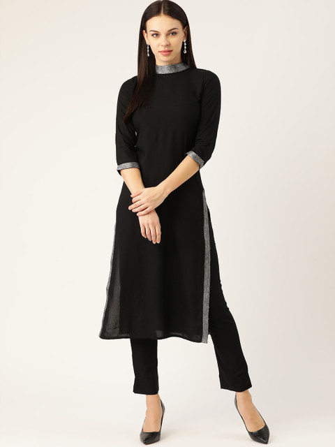 

Cottinfab Women Black Solid Kurta with Trousers