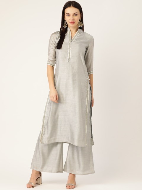

Cottinfab Women Grey Solid Kurta with Palazzos with Lace Inserts