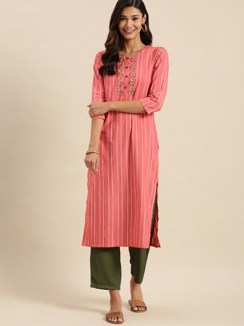 

Varanga Women Coral Pink & White Striped Thread Work Kurta