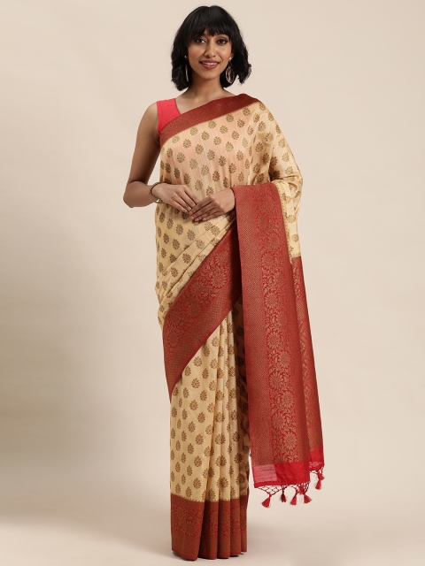 

MOHEY Beige & Red Silk Blend Woven Design Saree