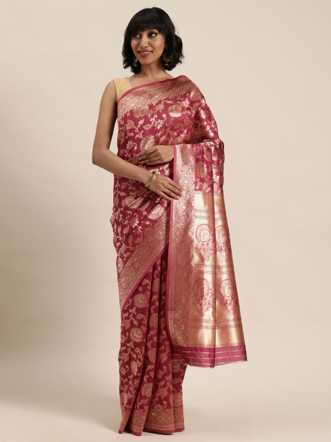 

MOHEY Coral & Gold-Toned Woven Design Saree
