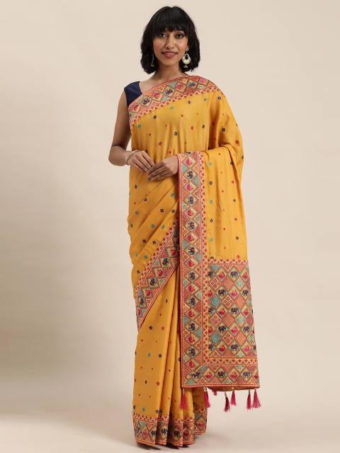 

MOHEY Yellow & Blue Machine Embroidered Saree