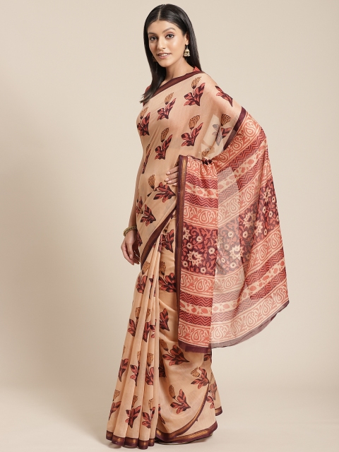 

Shangrila Creation Peach-Coloured Handloom Pure Linen Batik Printed Saree