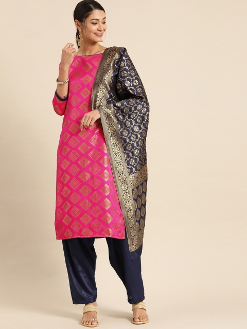 

Rajnandini Magenta & Navy Blue Unstitched Banarasi Dress Material