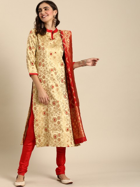 

Rajnandini Beige & Red Silk Blend Woven Design Unstitched Dress Material
