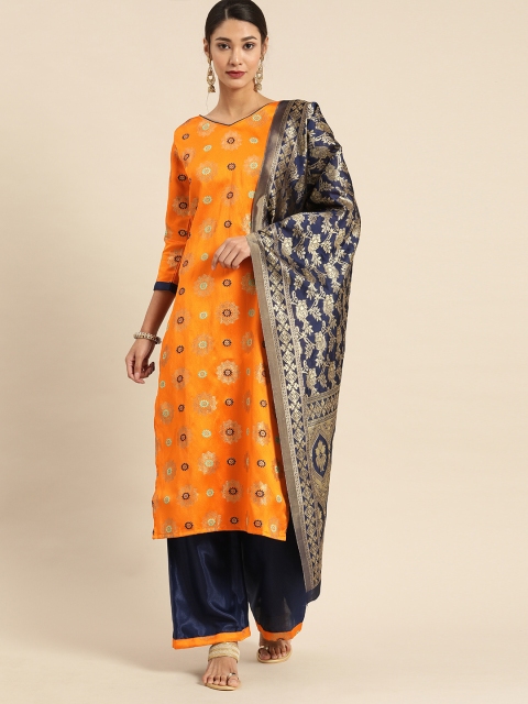 

Rajnandini Mustard Yellow & Navy Blue Banarasi Unstitched Dress Material