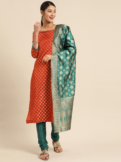 

Rajnandini Orange & Green Banarasi Unstitched Dress Material
