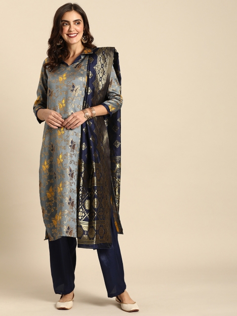 

Rajnandini Grey & Navy Blue Unstitched Dress Material