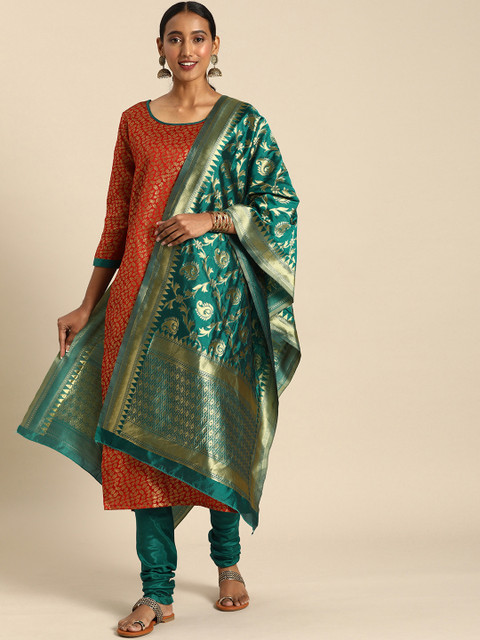 

Rajnandini Red & Teal Silk Blend Woven Design Unstitched Dress Material