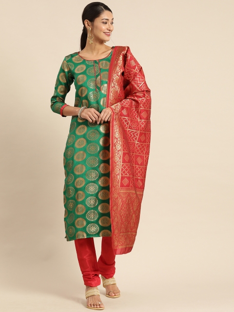 

Rajnandini Green & Red Banarasi Unstitched Dress Material