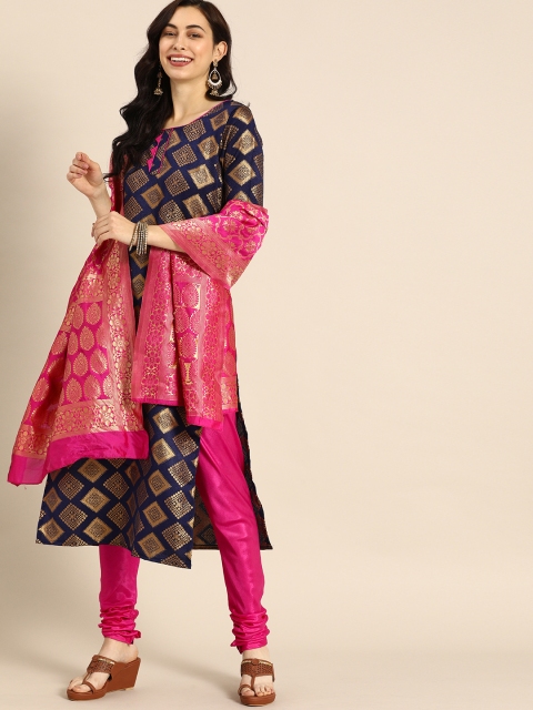 

Rajnandini Navy Blue & Golden Woven Design Unstitched Dress Material