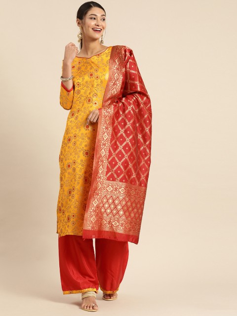 

Rajnandini Mustard Yellow & Red Banarasi Unstitched Dress Material