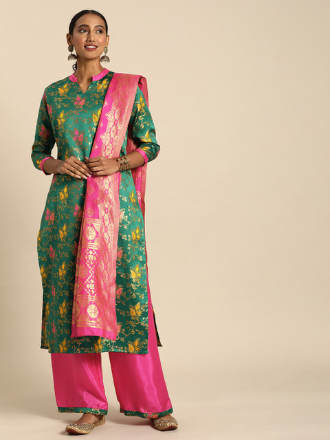 

Rajnandini Teal Green & Pink Unstitched Dress Material