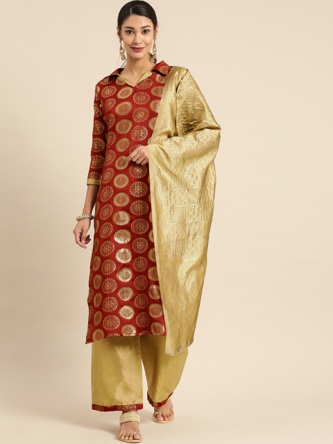

Rajnandini Maroon & Beige Banarasi Unstitched Dress Material