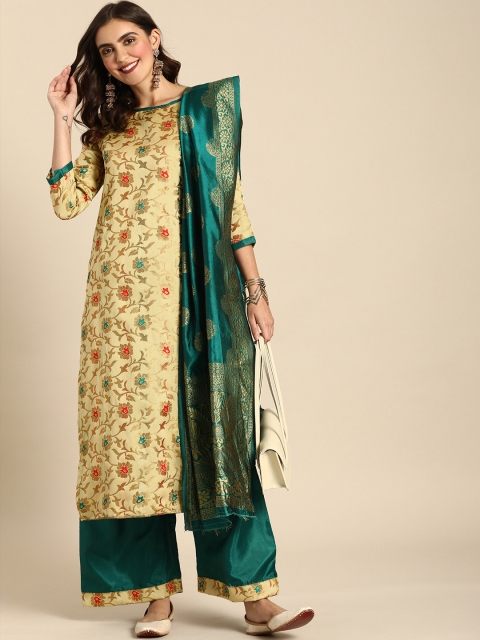 

Rajnandini Beige & Teal Silk Blend Woven Design Unstitched Dress Material