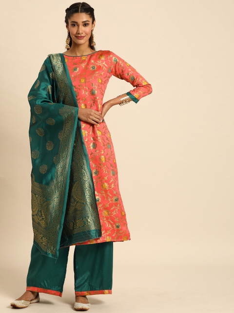 

Rajnandini Peach-Coloured & Green Silk Blend Unstitched Dress Material