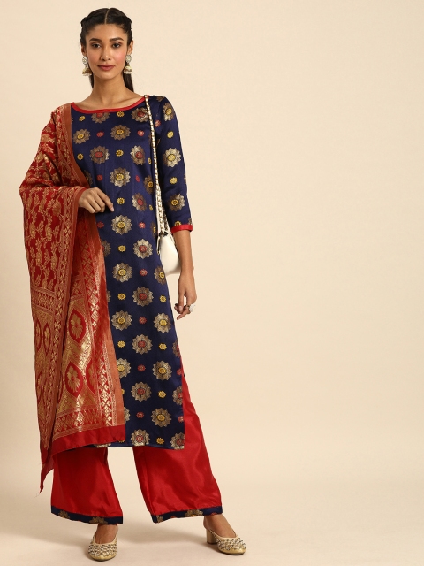 

Rajnandini Navy Blue & Red Silk Blend Unstitched Dress Material