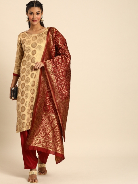

Rajnandini Beige & Maroon Silk Blend Unstitched Dress Material