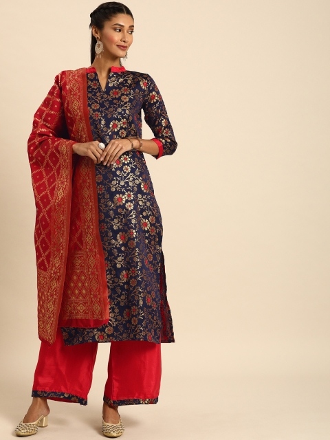 

Rajnandini Navy Blue & Red Silk Blend Unstitched Dress Material