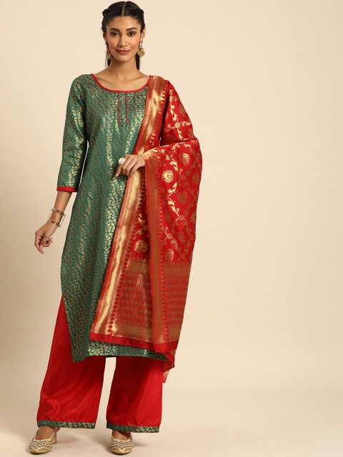 

Rajnandini Green & Red Silk Blend Unstitched Dress Material