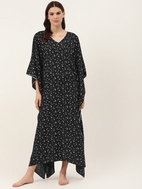 

COTCLO Black & White Lace Star Printed Kaftan Asymmetric Nightdress