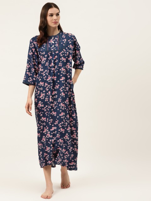 

COTCLO Navy Blue & Pink Floral Print Nightdress