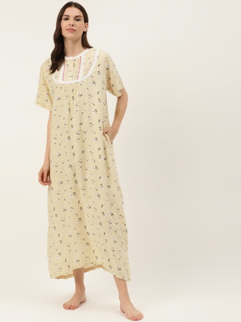

COTCLO Beige & White Floral Print Nightdress