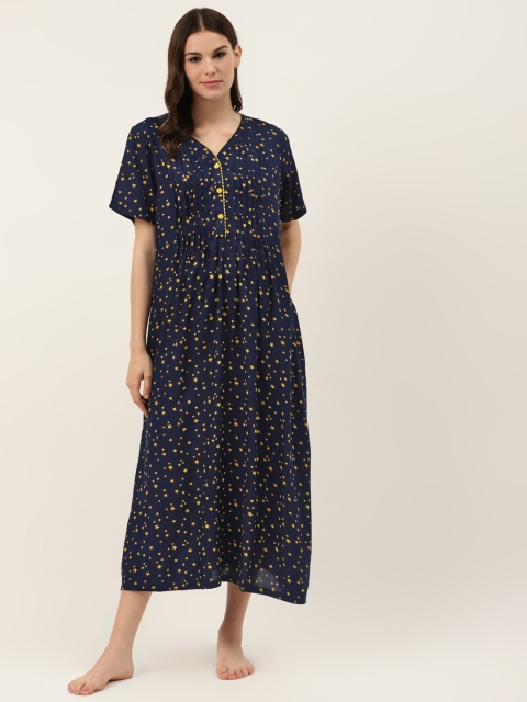 

COTCLO Navy Blue & Mustard Yellow Star Print Maxi Nightdress