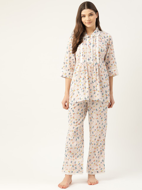 

COTCLO Women White & Blue Butterfly Printed Pure Cotton Night Suit