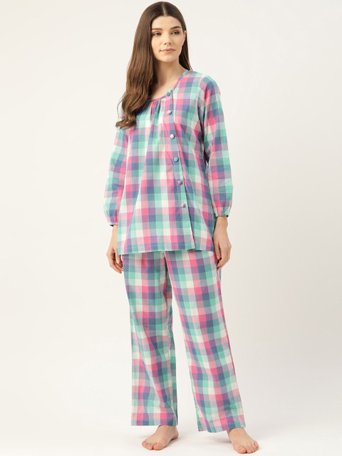 

COTCLO Women Blue & Pink Pure Cotton Checked Night suit